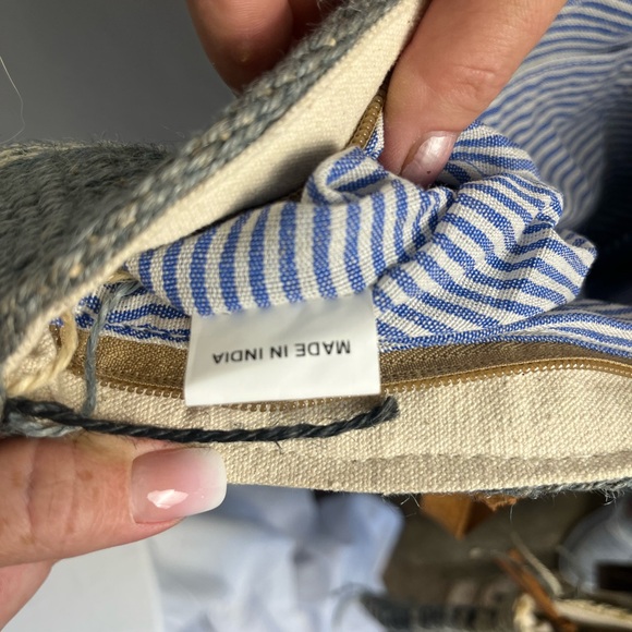 Striped Woven Tote in Cream and Black with Brown Leather Straps - Picture 4 of 6